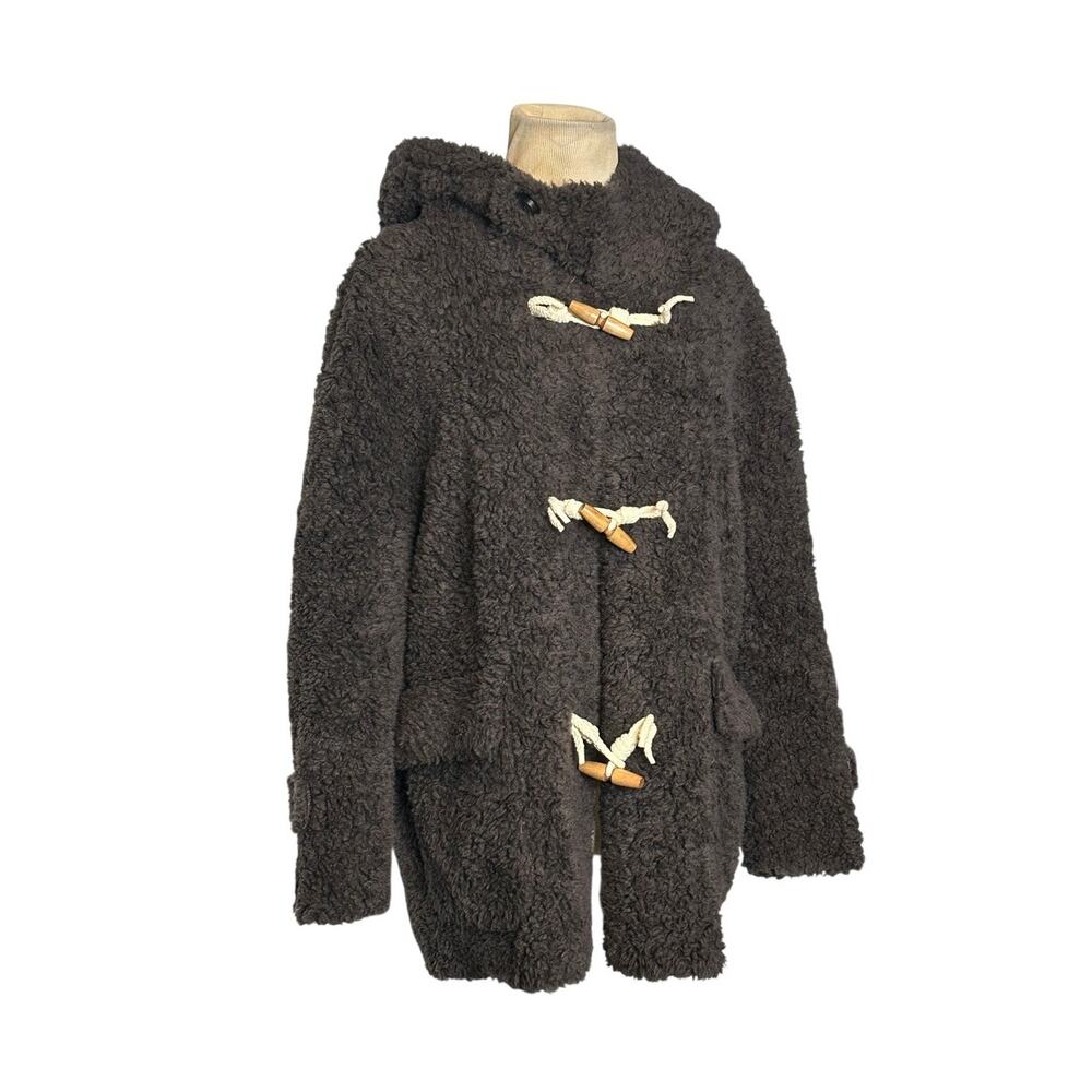 Women’s 100% Wool Toggle Coat Hooded Brown Textured Teddy Duffle Jacket Size S - Picture 10 of 13